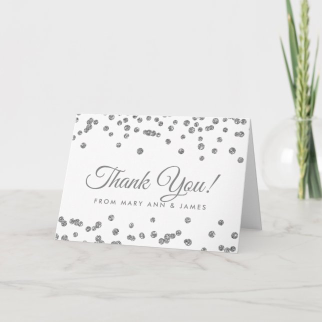 Cartão De Agradecimento "Obrigado" Silver Faux Glitter Confetti White (Frente)