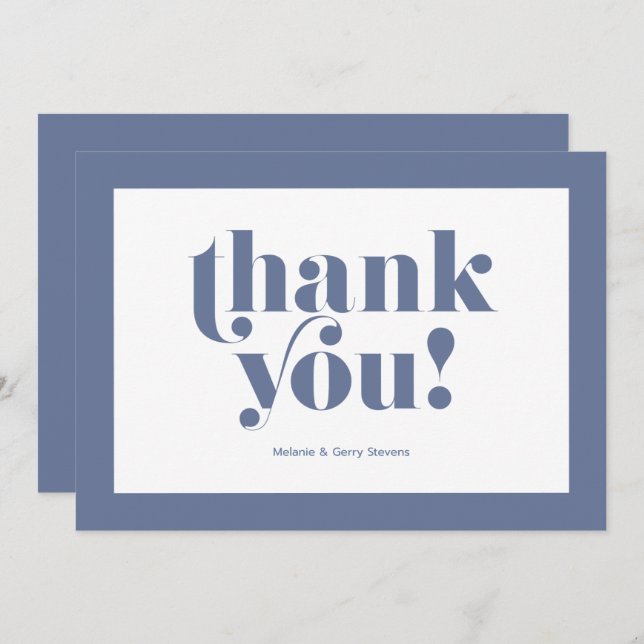 Cartão De Agradecimento Obrigado tipografia, azul em branco (Frente/Verso)