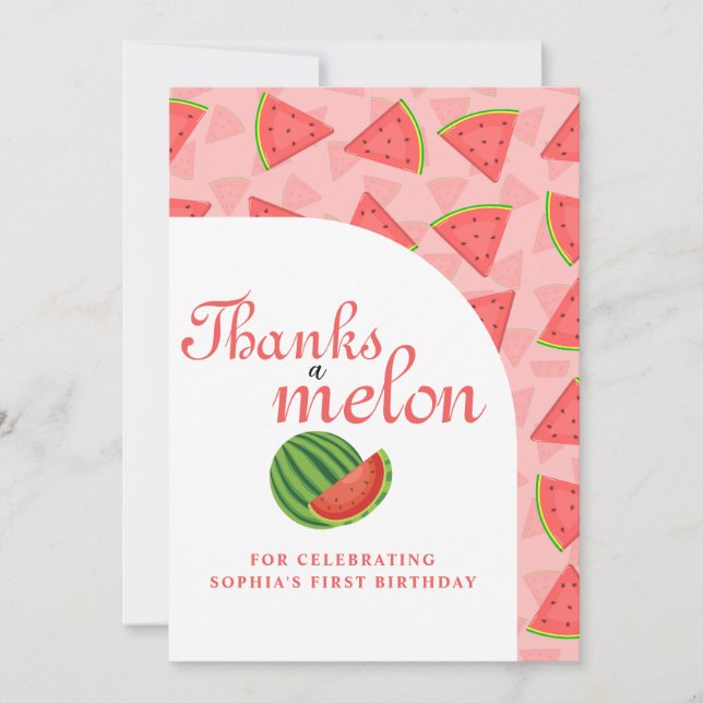 Cartão De Agradecimento Obrigados a Melancia primeiro aniversario Melão (Frente)