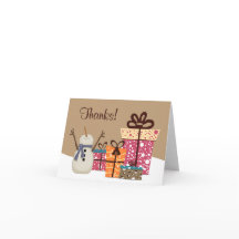 Obrigados! Bonito boneco de neve na neve com prese