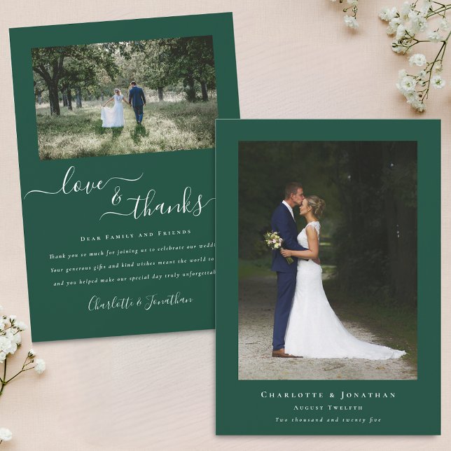 Cartão De Agradecimento Obrigados de Fotografia Modernos Casamento Verde (Modern 2 photo love and thanks green wedding thank you card landscape and portrait photograph)