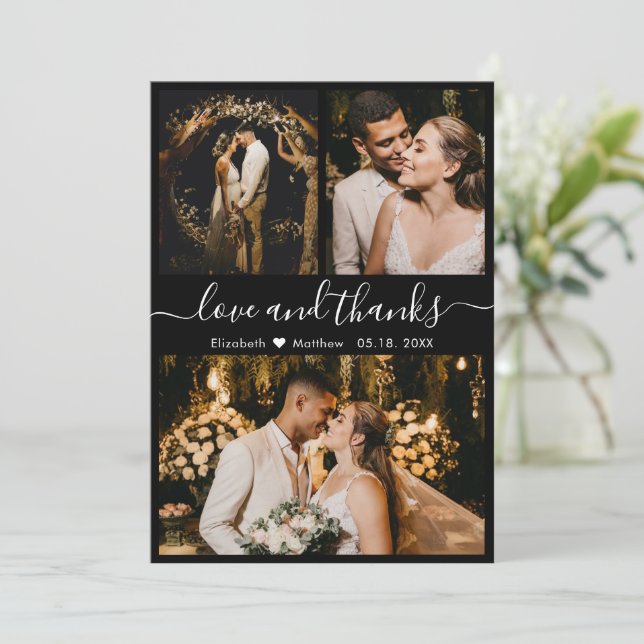 Cartão De Agradecimento Obrigados e amor Casamento Negro e Branco Obrigado (Em pé/Frente)