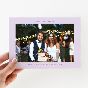 Cartão De Agradecimento Obrigados e amor Foto simples de casamento Lilac