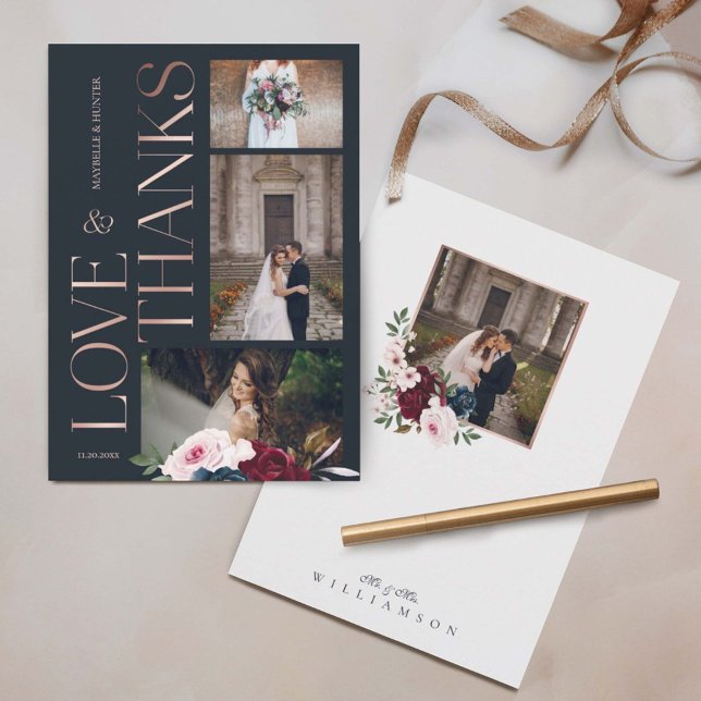 Cartão De Agradecimento Obrigados e amor Marinho Borgonha Floresta Três Fo (Criador carregado)