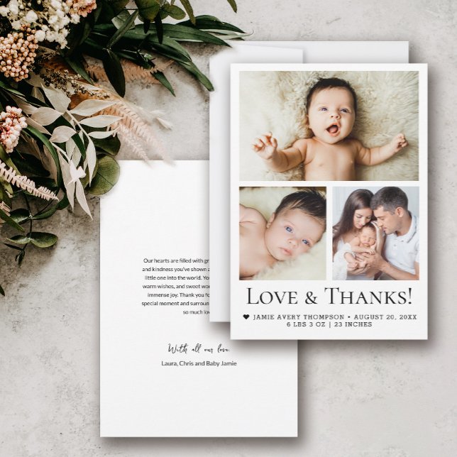Cartão De Agradecimento Obrigados e amor Três fotos modernas bebê (Love and thanks, modern 3 photo birth announcement baby shower thank you cards.)