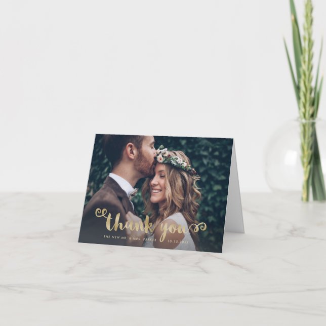 Cartão De Agradecimento Obrigados Whimsical | Foto de casamento e Script D (Frente)