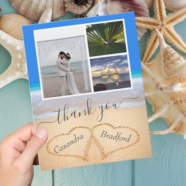 Cartão De Agradecimento Ocean Blue Praia Hearts in Sand Wedding (Criador carregado)