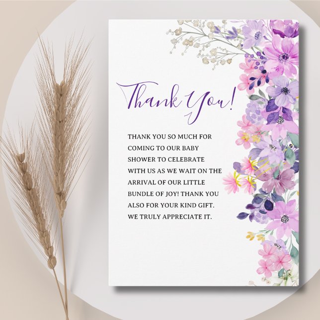 Cartão De Agradecimento Oh Baby, Baby Shower Purple Spring Flowers (Criador carregado)