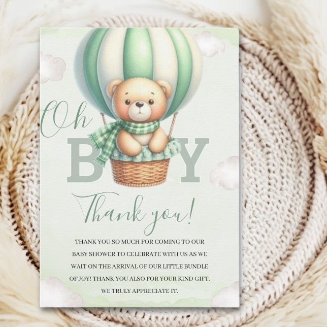 Cartão De Agradecimento Oh Boy,  Cute Green Bear Baby shower boy (Criador carregado)