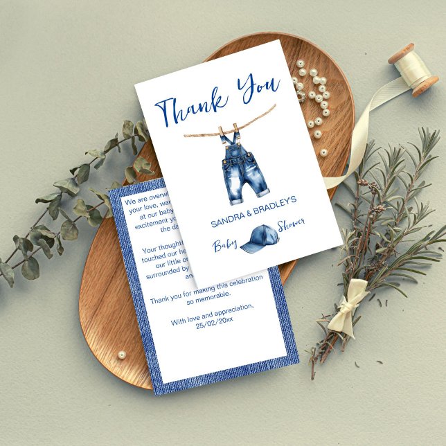Cartão De Agradecimento Oh garoto jeans azul chá de fraldas (Oh boy blue jeans baby shower template thank you card modern minimalist  thank you cards cute )
