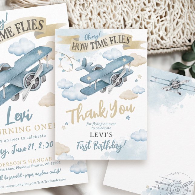 Cartão De Agradecimento Oh How Time Flies Airplane Blue Boy Birthday Party (Oh My How Time Flies neutral watercolor blue plane airplane pilot boy birthday party thank you card)