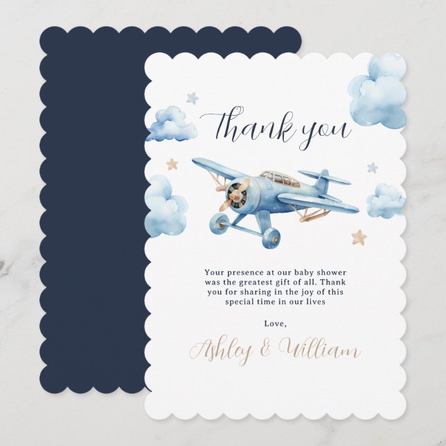 Cartão De Agradecimento Oh Rapaz! Aventura Espera Chuvão de Bebê de Avião (Frente/Verso)