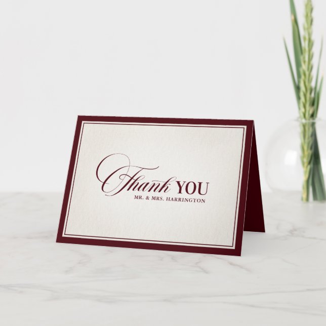 Cartão De Agradecimento Old Money Modern Formal Burgundy Luxury Wedding (Frente)