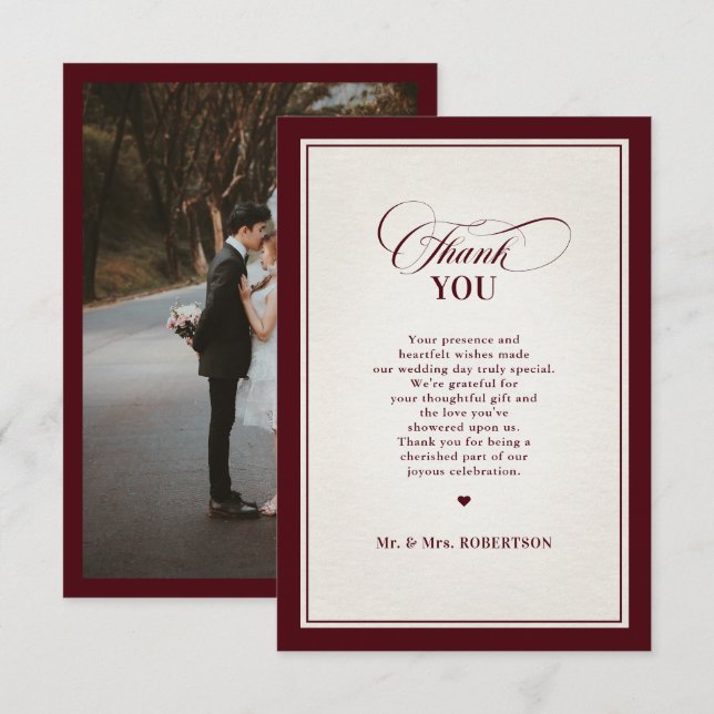 Cartão De Agradecimento Old Money Modern Formal Burgundy Luxury Wedding (Frente/Verso)