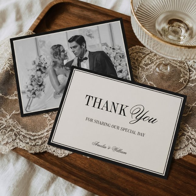 Cartão De Agradecimento Old Money Timeless Black Cream Wedding Photo (Criador carregado)