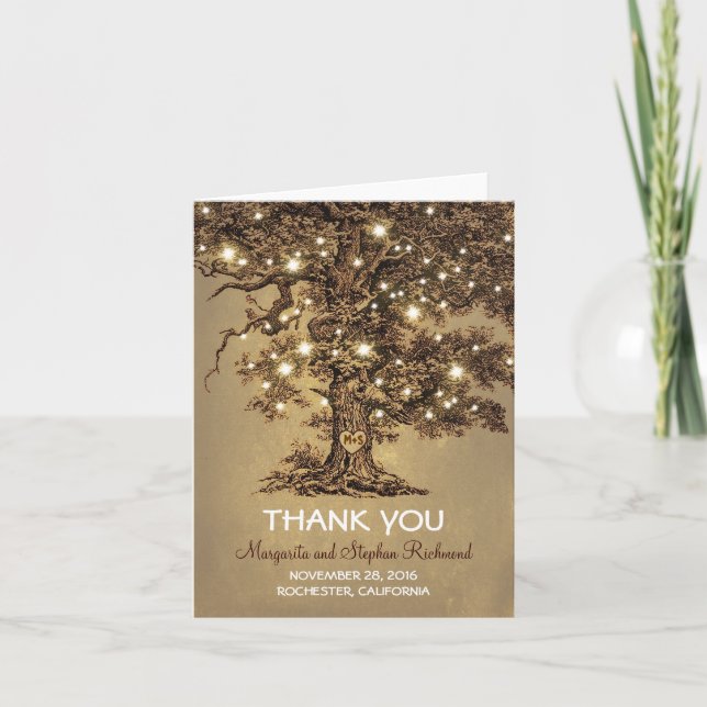 Cartão De Agradecimento old tree romantic lights wedding thank you cards (Frente)