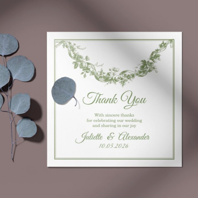 Cartão De Agradecimento Olive Sage Toile de Jouy Wedding Thank You Card (Criador carregado)