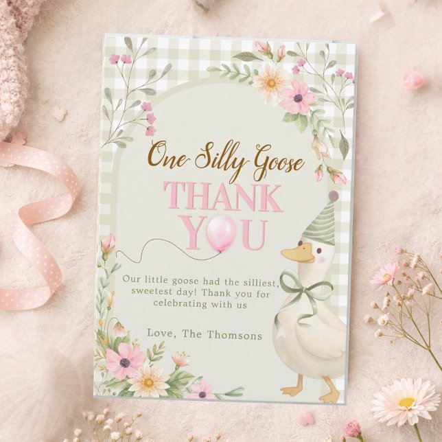 Cartão De Agradecimento One Silly Goose Gingham Pink Floral Birthday (Criador carregado)