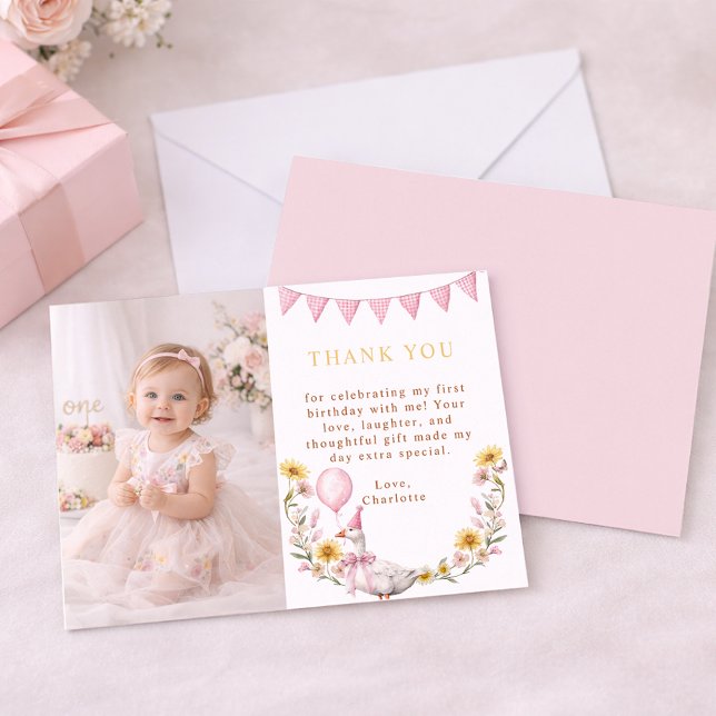 Cartão De Agradecimento One Silly Goose Photo 1st Birthday Thank You Card (Birthday Thank You Card)