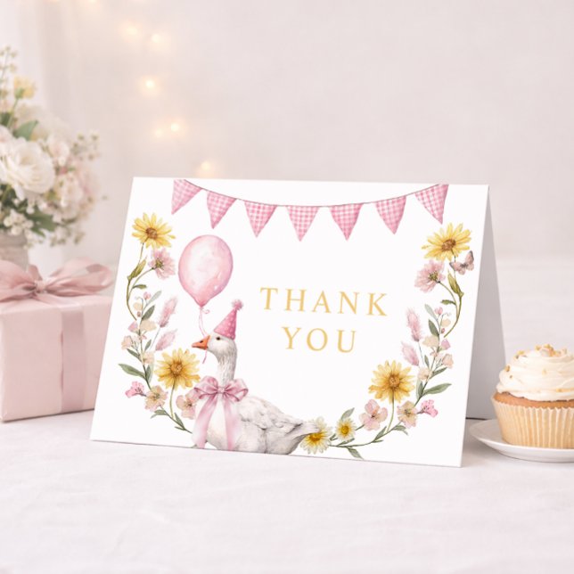 Cartão De Agradecimento One Silly Goose Pink Bow 1st Birthday Thank You Ca (Silly Goose Thank You Card)
