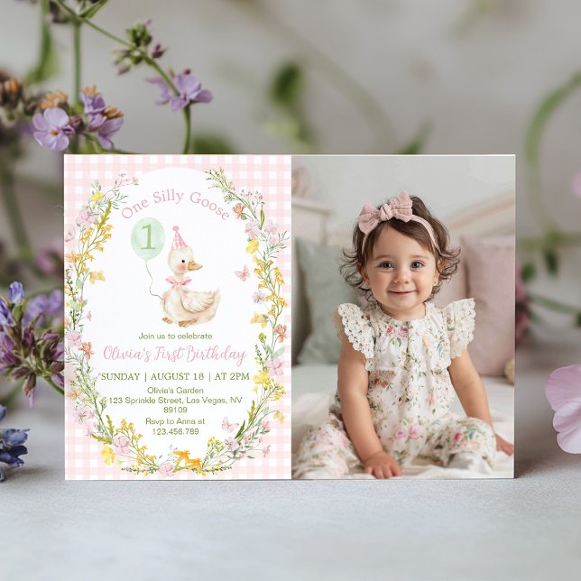 Cartão De Agradecimento One Silly Goose Pink Floral Birthday Photo Invite (Criador carregado)