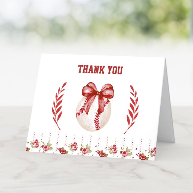Cartão De Agradecimento Ontem Floral Moderno do Arco Vermelho Coquette Bas (Coquette Baseball Red Bow Floral Modern Birthday Thank You Card)
