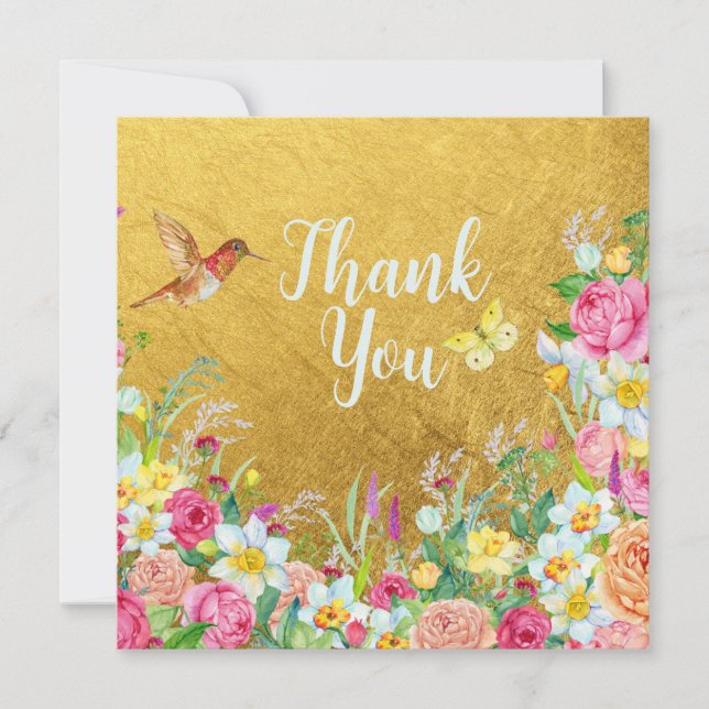 Cartão De Agradecimento Opulence Gold Floral Hummingbird (Frente)