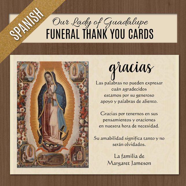 Cartão De Agradecimento Oraciones Fúnebres con Nuestra Señora de Guadalupe (Spanish Catholic Funeral Thank You Cards - Our Lady of Guadalupe)