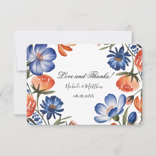 Cartão De Agradecimento Orange and Cobalt Blue Floral Wedding (Frente)