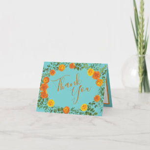 Cartão De Agradecimento Orange & Aqua Wedding Modern Floral