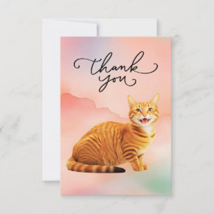Cartão De Agradecimento Orange Cat com Obrigado palavra aquarela