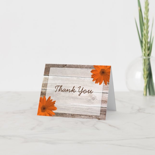 Cartão De Agradecimento Orange Daisy Rustic Barn Wood Obrigado (Frente)