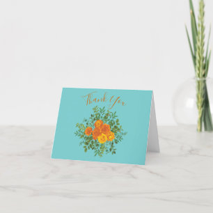 Cartão De Agradecimento Orange & Teal Aqua Peony & Rosa Obrigado