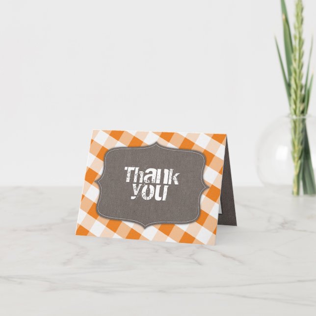 Cartão De Agradecimento Orange & White Gingham Canvas Thank You Cards (Frente)