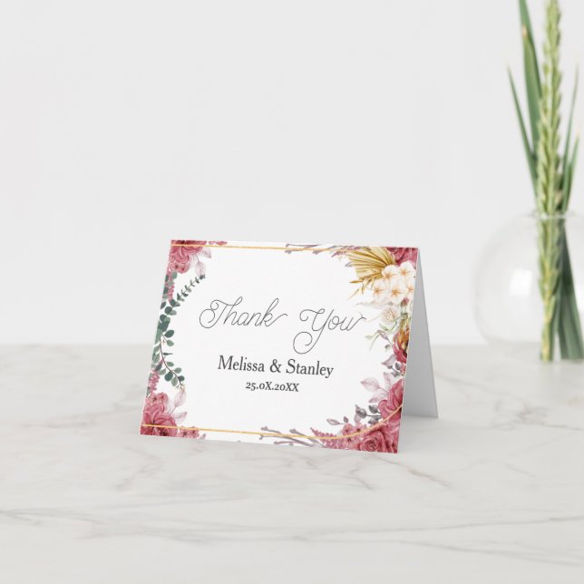 Cartão De Agradecimento Orçamento Floral Borgonha Dourada Eucalyptus Obrig (Frente)