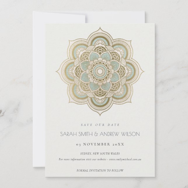 Cartão De Agradecimento Ornamentado Dourado Teal Mandala Salvar Data Convi (Frente)