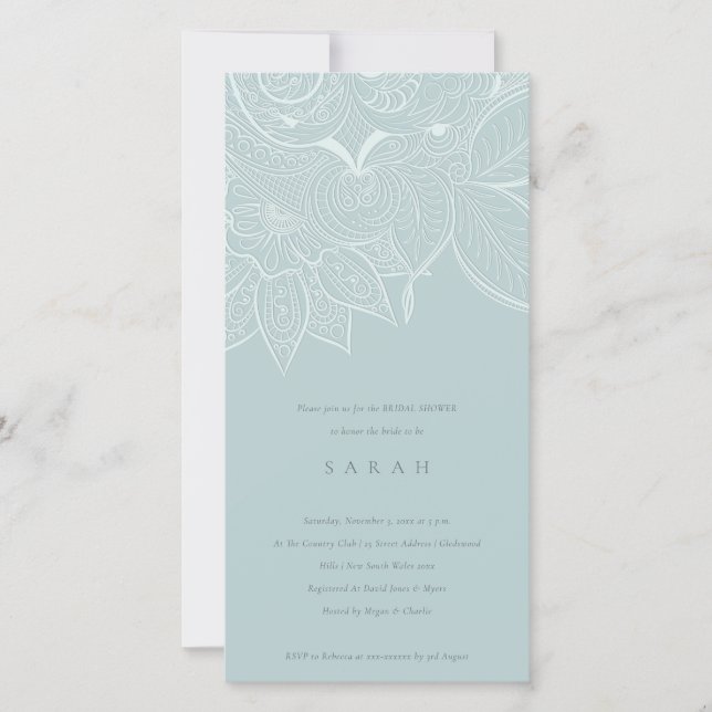 Cartão De Agradecimento Ornamentado Paisley Dusky Blue Chá de panela Invit (Frente)