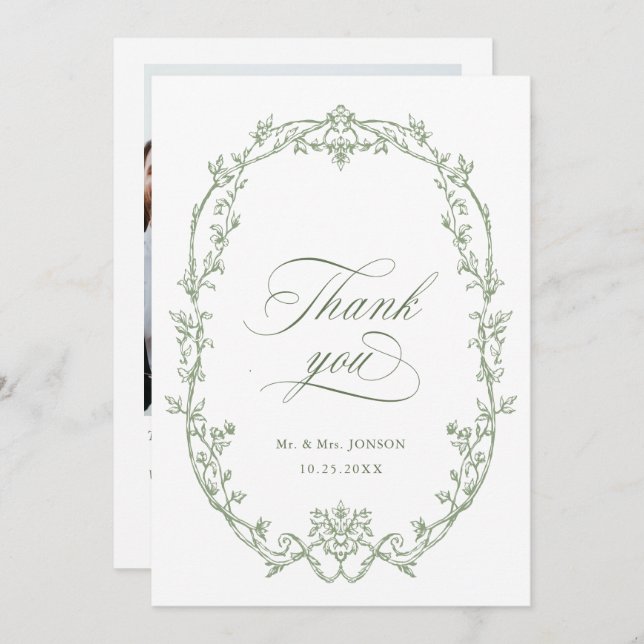 Cartão De Agradecimento Ornamentado Victoriano Sage Foto de Casamento Verd (Frente/Verso)