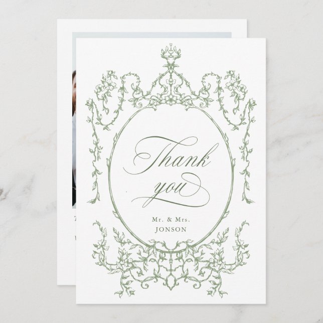 Cartão De Agradecimento Ornamentado Victoriano Sage Foto de Casamento Verd (Frente/Verso)