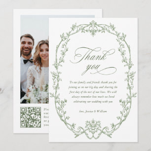 Cartão De Agradecimento Ornamentado vitoriano Sage Floral Green Wedding QR