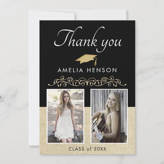 Cartão De Agradecimento Ornamento Russo Negro Elegante 2 Graduação de Foto (Frente)