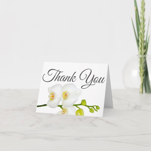 Cartão De Agradecimento Orquídea Branca Elegante Cinza Script (Frente)