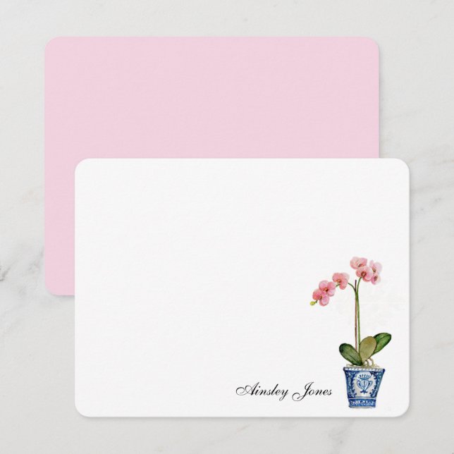 Cartão De Agradecimento Orquídea Rosa em água-tinta em vaso azul (Frente/Verso)