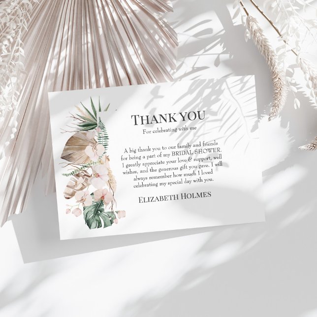 Cartão De Agradecimento Orquídea tropical e Chá de panela Monstera (Tropical Orchid & Monstera Bridal Shower Thank You Card on a sunny white table with dry botanicals.)