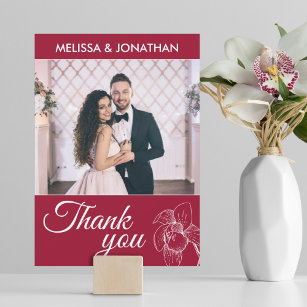 Cartão De Agradecimento Orquídeas Elegante, foto do casamento vermelho flo