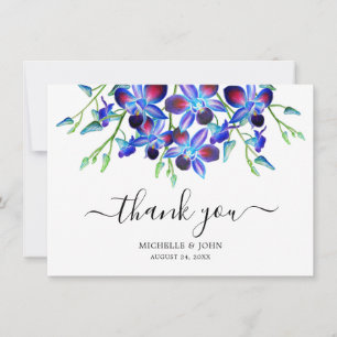 Cartão De Agradecimento Orquídeas Florais Azuis Modernas Aquarela Nome Cas
