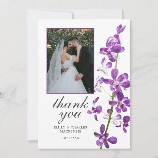 Cartão De Agradecimento Orquídeas Roxas, Casamento Elegante Moderno Obriga (Frente)