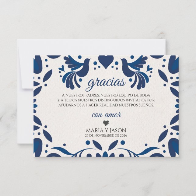 Cartão De Agradecimento Otomi Blue Floral Elegant Fiesta Spanish Wedding (Frente)