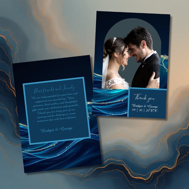 Cartão De Agradecimento Ouro Accentado Casamento das Ondas do Oceano Abstr (Criador carregado)