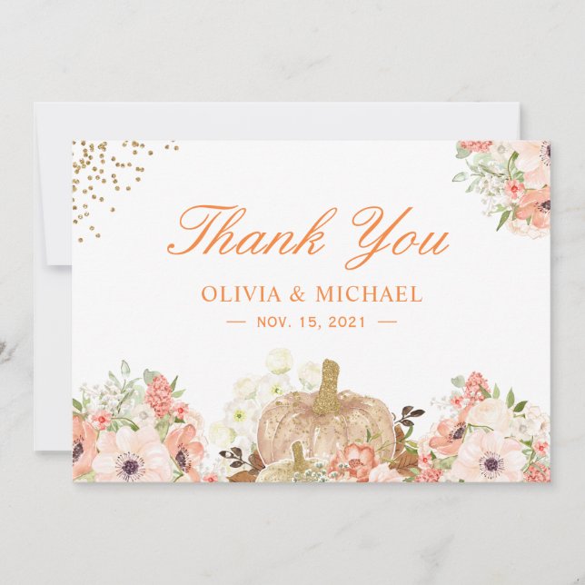 Cartão De Agradecimento Ouro de Outono Reluz Floral Abóbora (Frente)